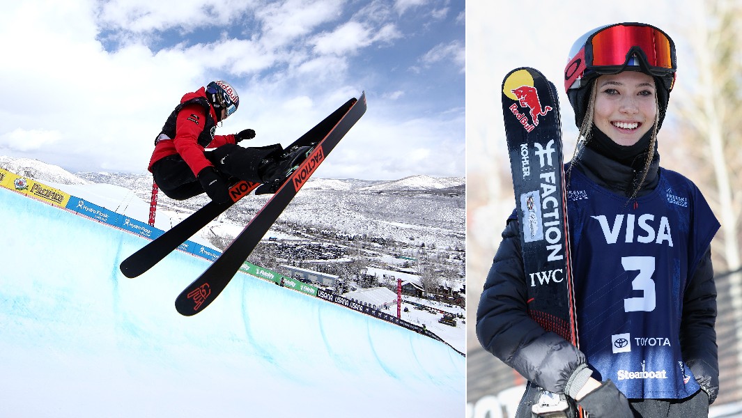 split image of Gu ailing skiing