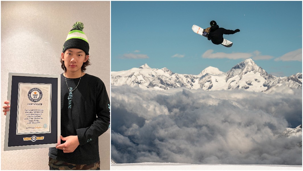 split image of Su Mingyu of backslide 1980 Indy Crail of snowboarding and profile