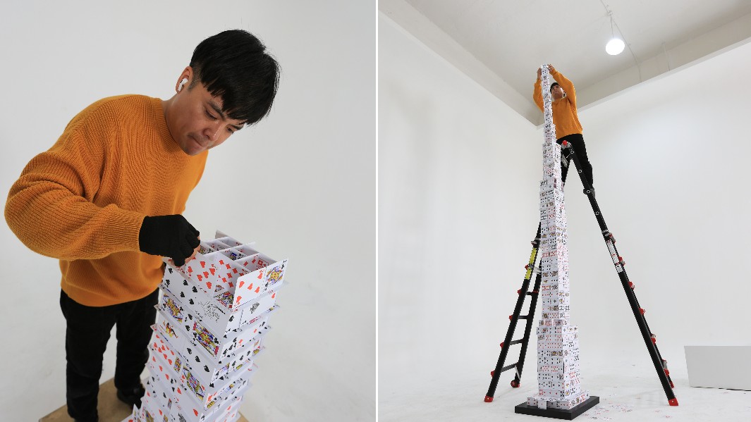 split image of tian rui building house of cards with close up views and whole view