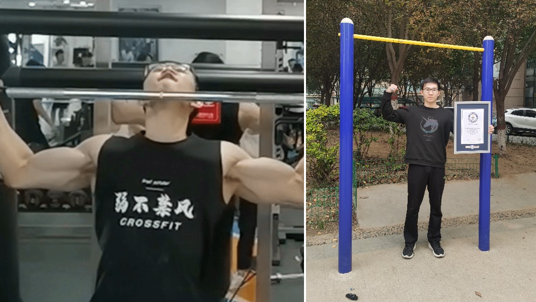 split-image-of-wangxincheng-doing-pull-ups-and-holding-gwr-certificate