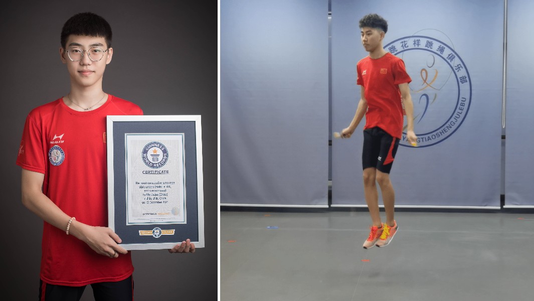split image of ma jia jun holding gwr certificate and skipping