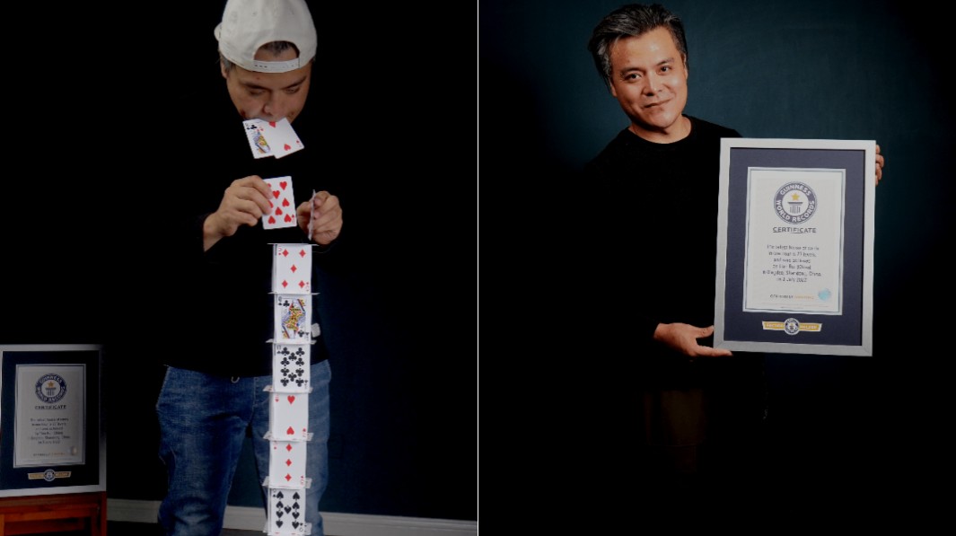 split image of tallest house of card and Tian Rui with GWR certificate
