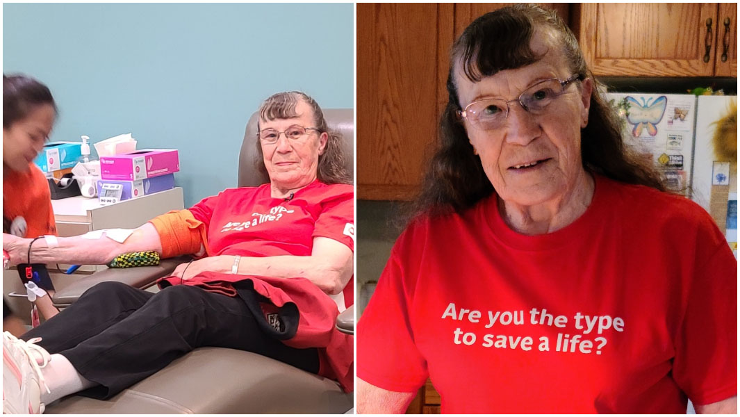 split image of Josephine Michaluk giving blood