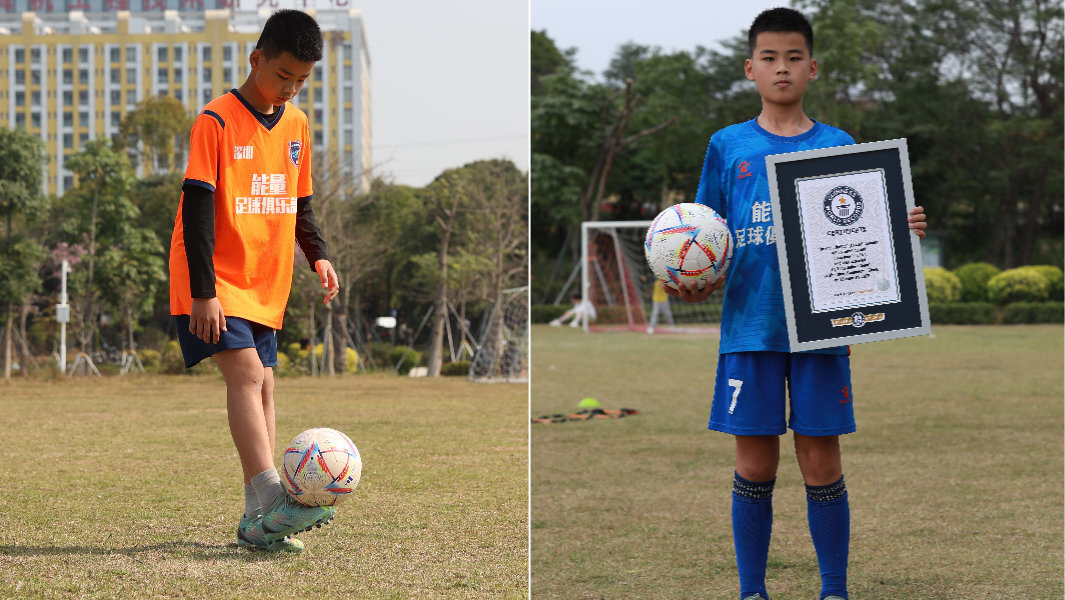 split-image-of-tang-jinfan-performing-Most-football-touches-with-alternating-feet-anf-holding-a-gwr-certificate