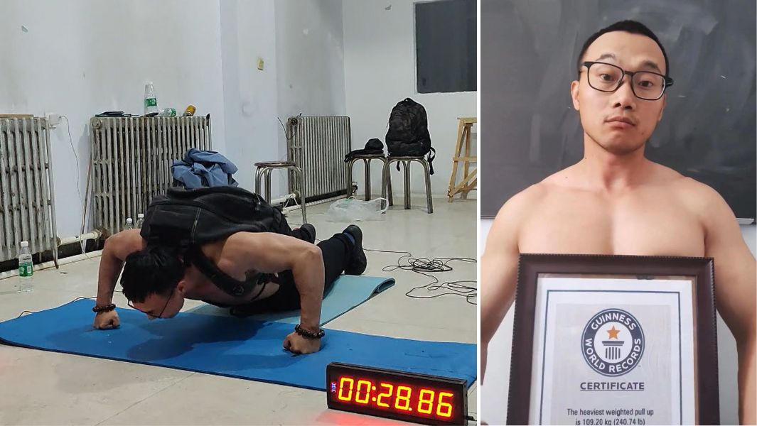split-image-of-Liu-wei-qiang-attempting-knuckle-push-ups-and-holding-GWR-certificate