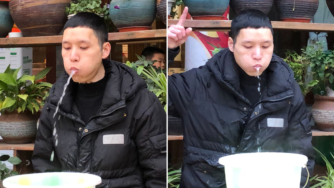 split image of man spouting water