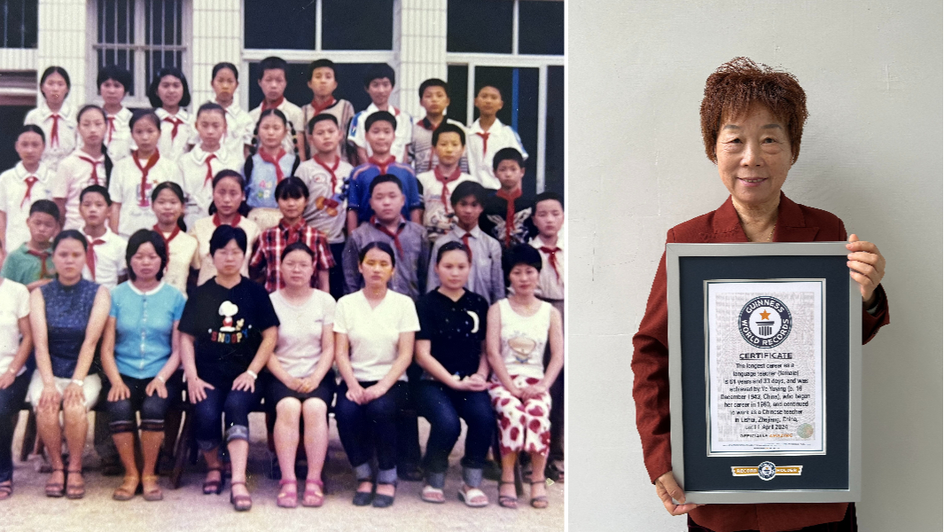 split-image-of-Ye-and-her-students-and-her-holding-GWR-certificate