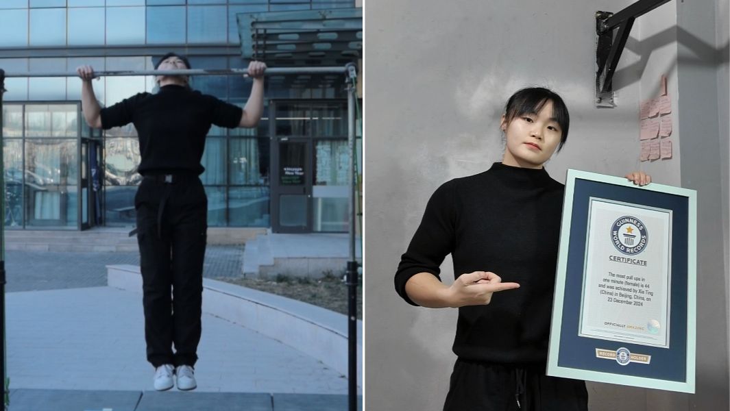谢婷刷新一分钟做最多的引体向上吉尼斯纪录