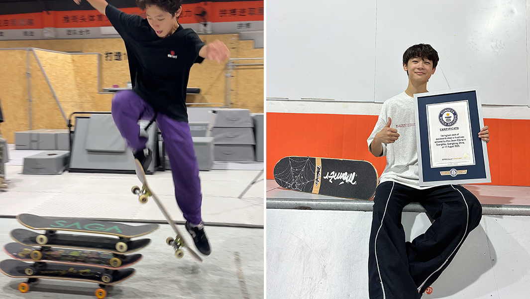 双脚带板跳上最多的叠放的滑板