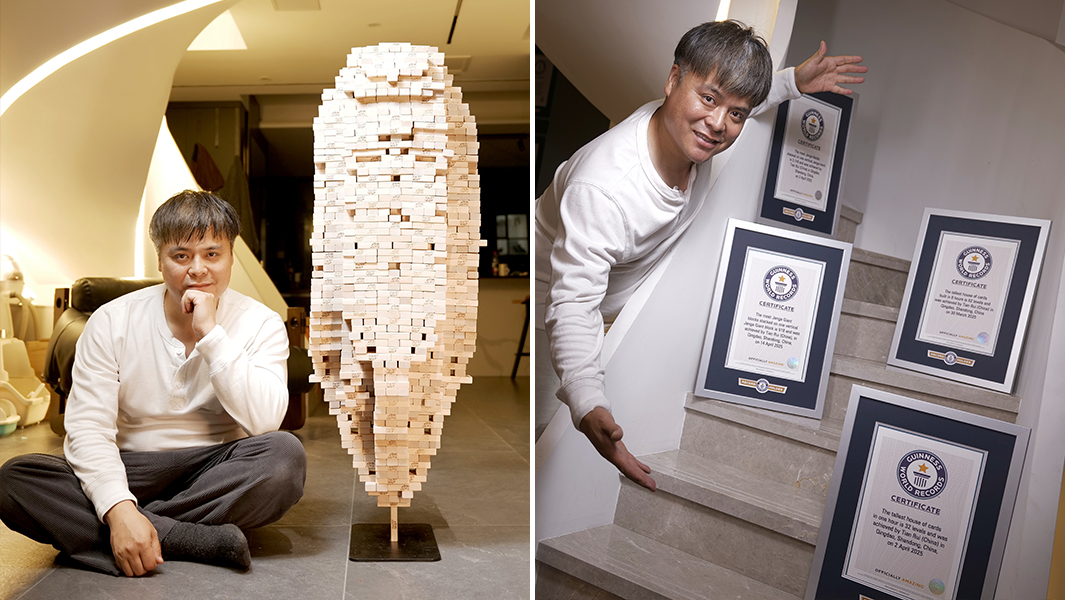 有着“纸牌建筑师”雅号的田瑞连续刷新四项有关堆叠的吉尼斯世界纪录